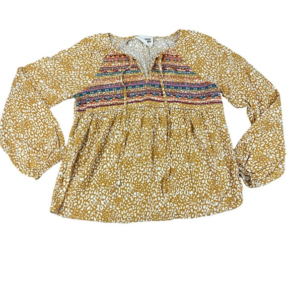 Savanna Jane Yellow Print Embroidered Tassel Boho Blouse Top Women's Small - Picture 2 of 8